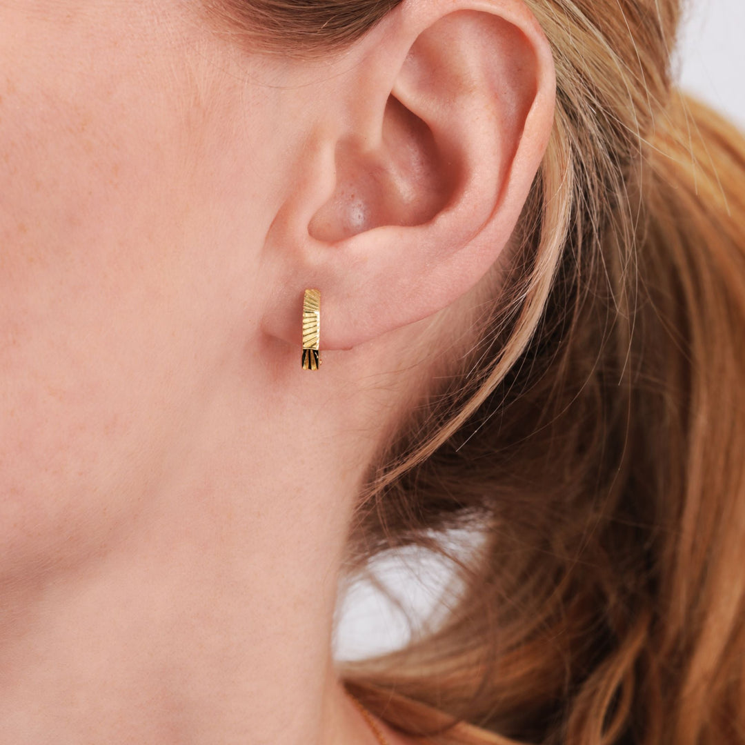 Gold Plated Sterling Silver Hexagonal Grooved Huggie Hoop Earrings-3