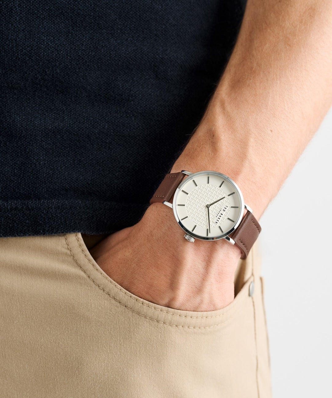 Ted Baker Men’s Timeless 38 mm Beige Dial Leather Watch BKPSGF503