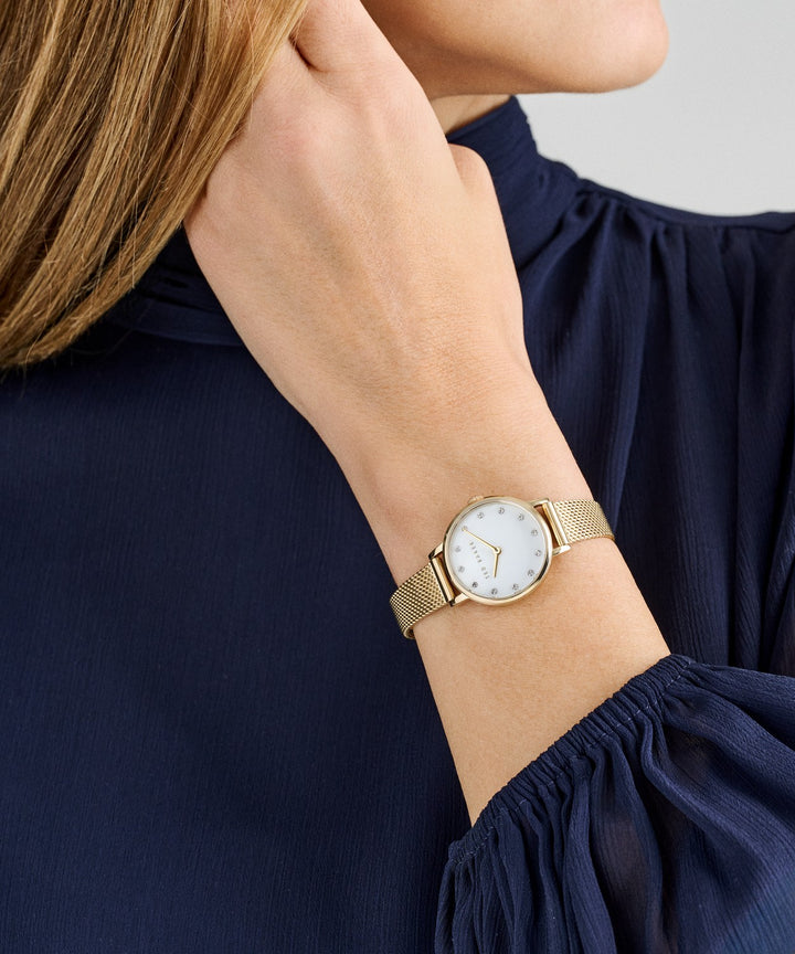 Ted Baker Women’s Staciie 28 mm Mother-of-Pearl Gold Mesh Watch BKPSTF405