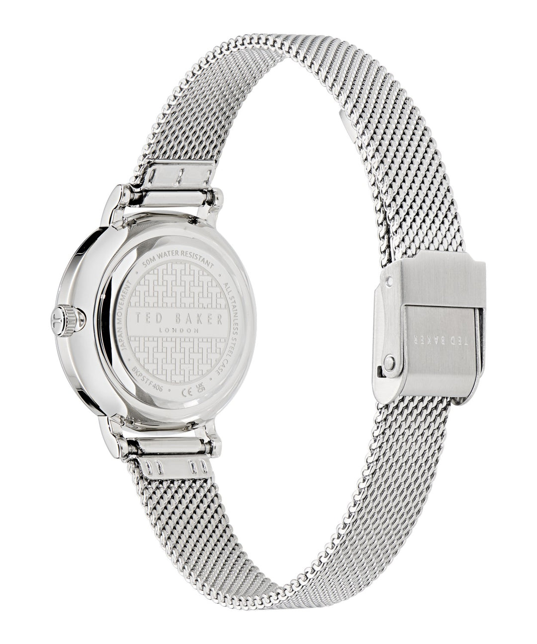 Ted Baker Women’s Staciie 28 mm Mother-of-Pearl Silver Mesh Watch BKPSTF406