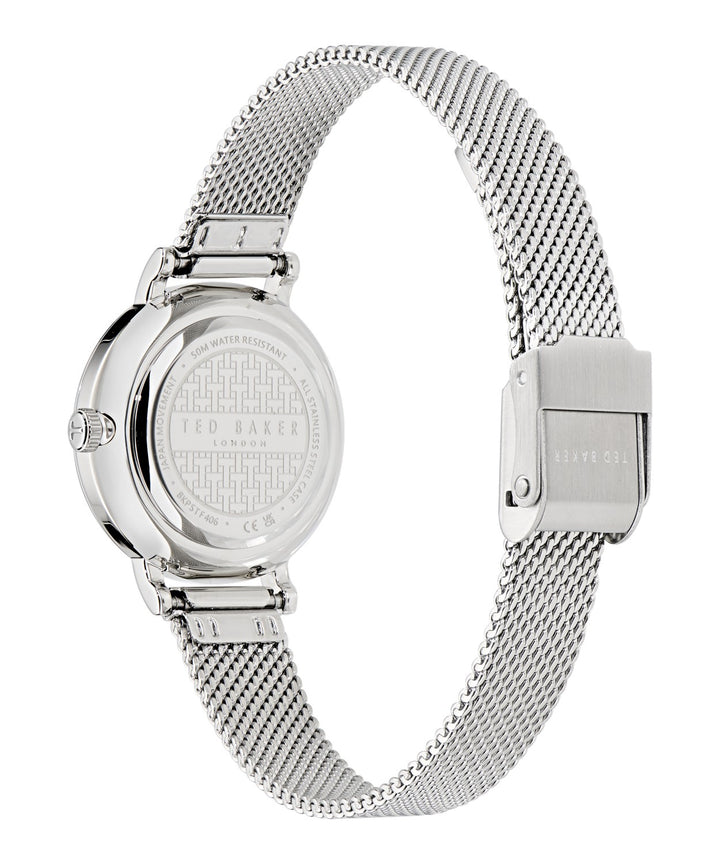Ted Baker Women’s Staciie 28 mm Mother-of-Pearl Silver Mesh Watch BKPSTF406