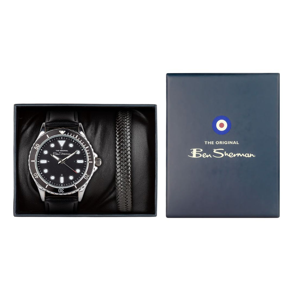 Ben Sherman Black Strap Watch Black Dial Black Bracelet Gift Set BS089BG