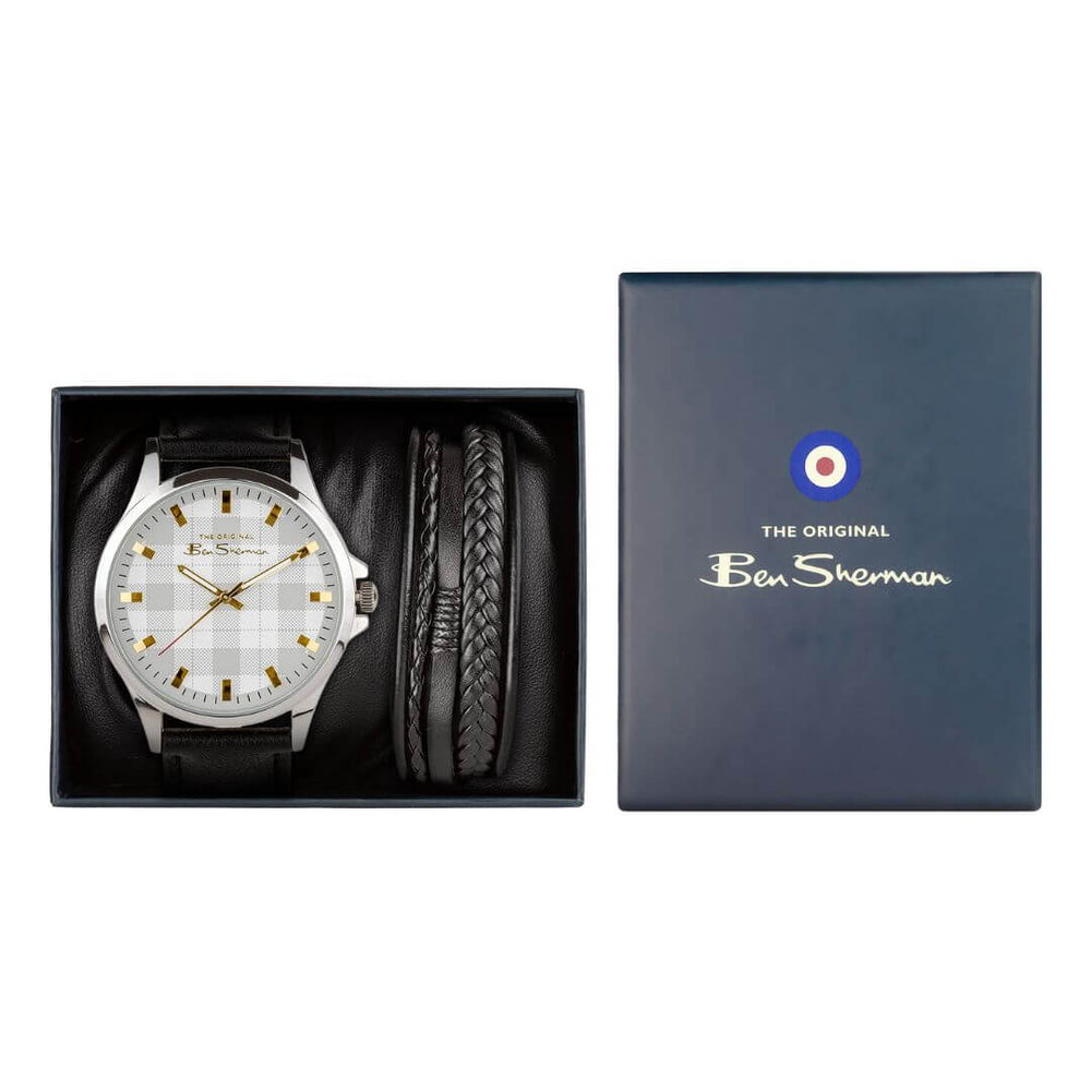 Ben Sherman Black Strap White Check Dial Watch Black Bracelet Gift Set BS092BG