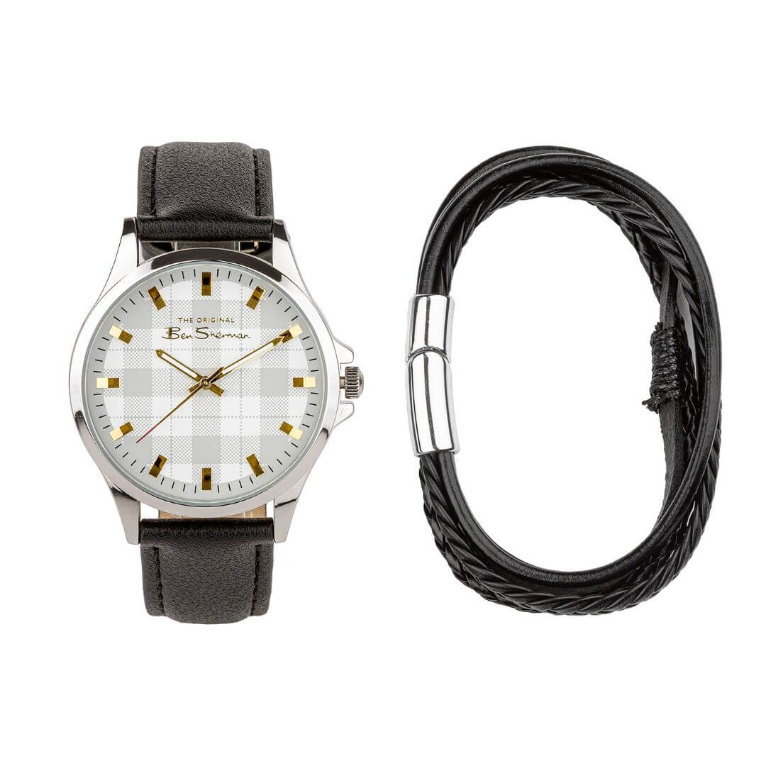 Watch with a black strap and a white face featuring gold accents, on a white background.