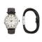 Watch with a black strap and a white face featuring gold accents, on a white background.
