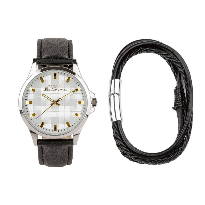 Watch with a black strap and a white face featuring gold accents, on a white background.
