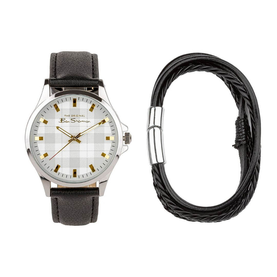 Ben Sherman Black Strap White Check Dial Watch Black Bracelet Gift Set BS092BG