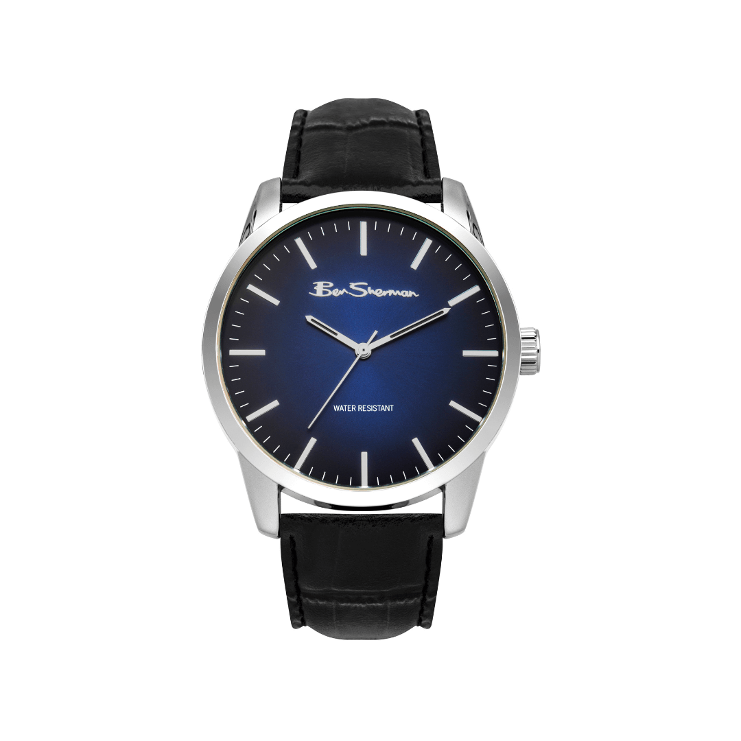 Ben Sherman Black Strap Watch Blue Sunray Dial Black Bracelet Gift Set BS114BG