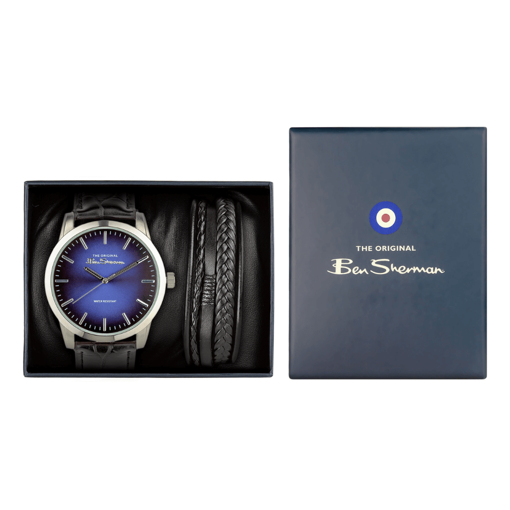 Ben Sherman Black Strap Watch Blue Sunray Dial Black Bracelet Gift Set BS114BG