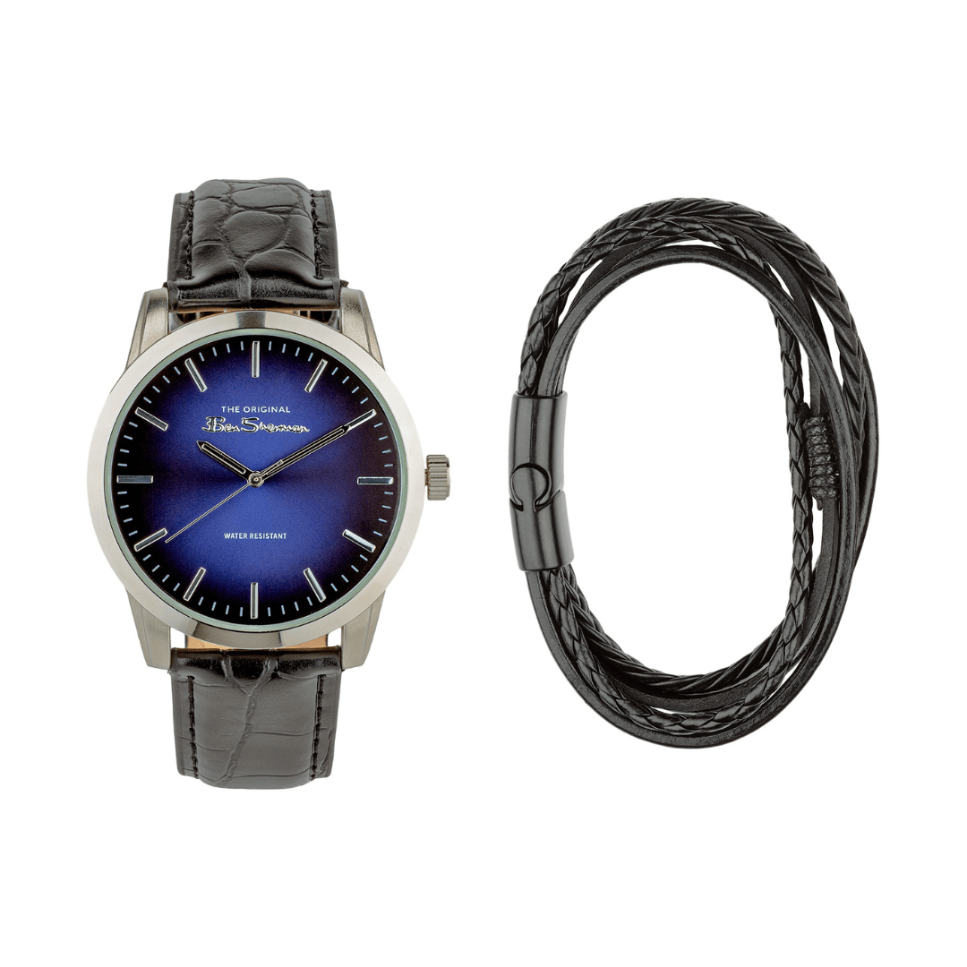 Ben Sherman Black Strap Watch Blue Sunray Dial Black Bracelet Gift Set BS114BG
