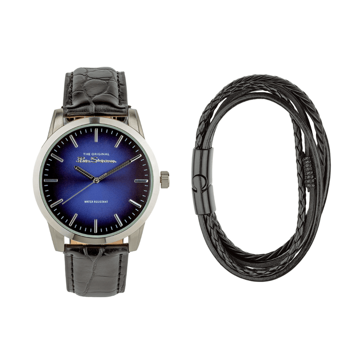 Ben Sherman Black Strap Watch Blue Sunray Dial Black Bracelet Gift Set BS114BG