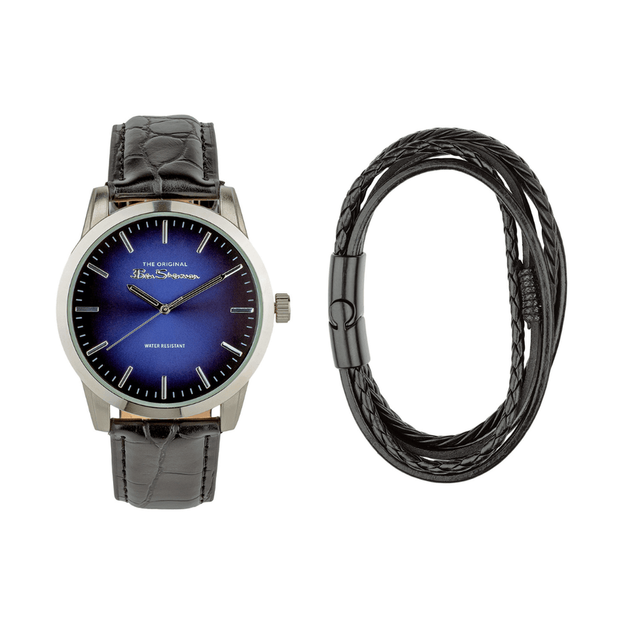 Ben Sherman Black Strap Watch Blue Sunray Dial Black Bracelet Gift Set BS114BG