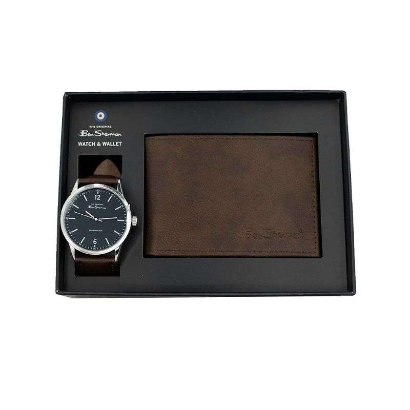 Ben Sherman Brown Strap Watch Navy Dial Wallet Set Gents Watch BS122 G