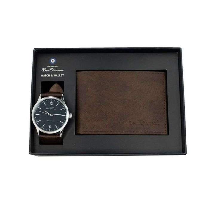 Ben Sherman Brown Strap Watch Navy Dial Wallet Set Gents Watch BS122 G