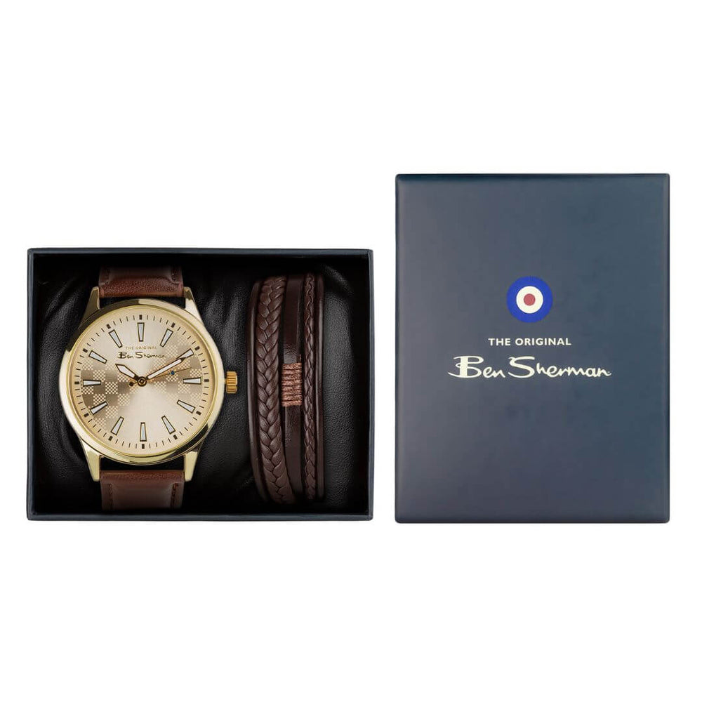 Ben Sherman Brown Starp Watch Gold Check Dial Brown Bracelet Gift Set BS228G