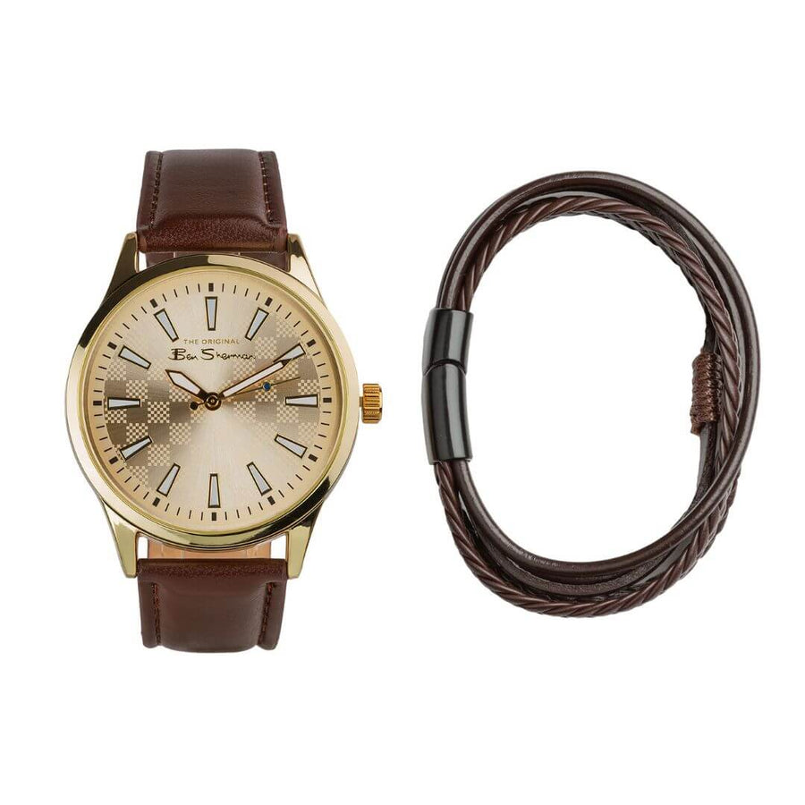 Ben Sherman Brown Starp Watch Gold Check Dial Brown Bracelet Gift Set BS228G