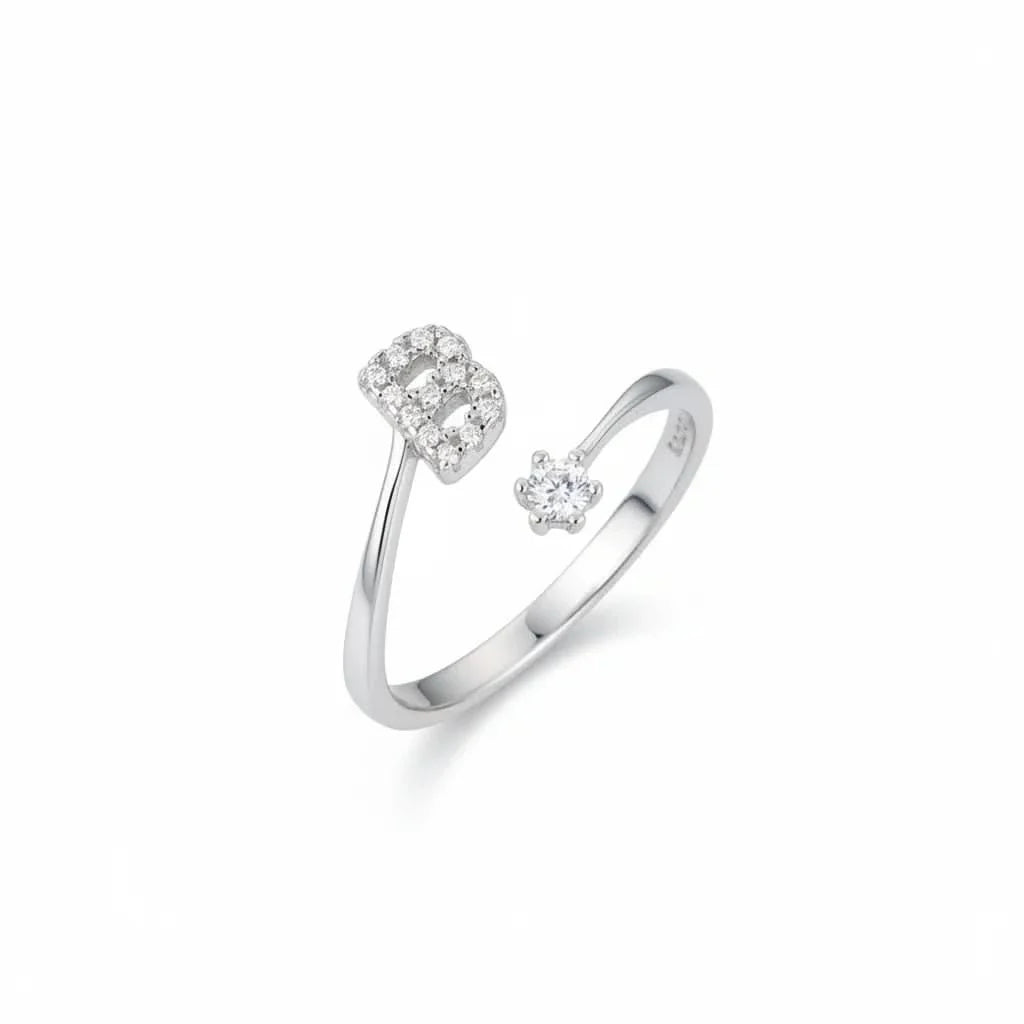 Diamond Initial Letter Silver Ring