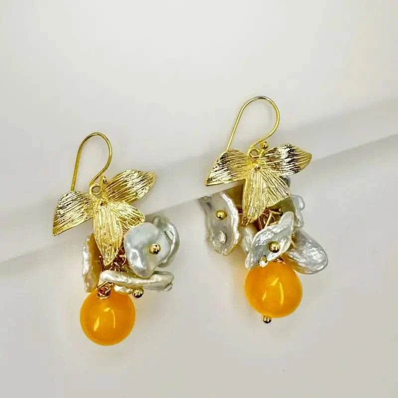 Baroque Pearl Gold Petals Drop Earrings