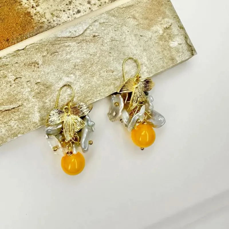 Baroque Pearl Gold Petals Drop Earrings