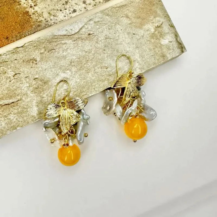 Baroque Pearl Gold Petals Drop Earrings