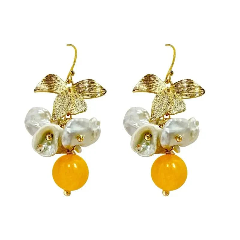 Baroque Pearl Gold Petals Drop Earrings