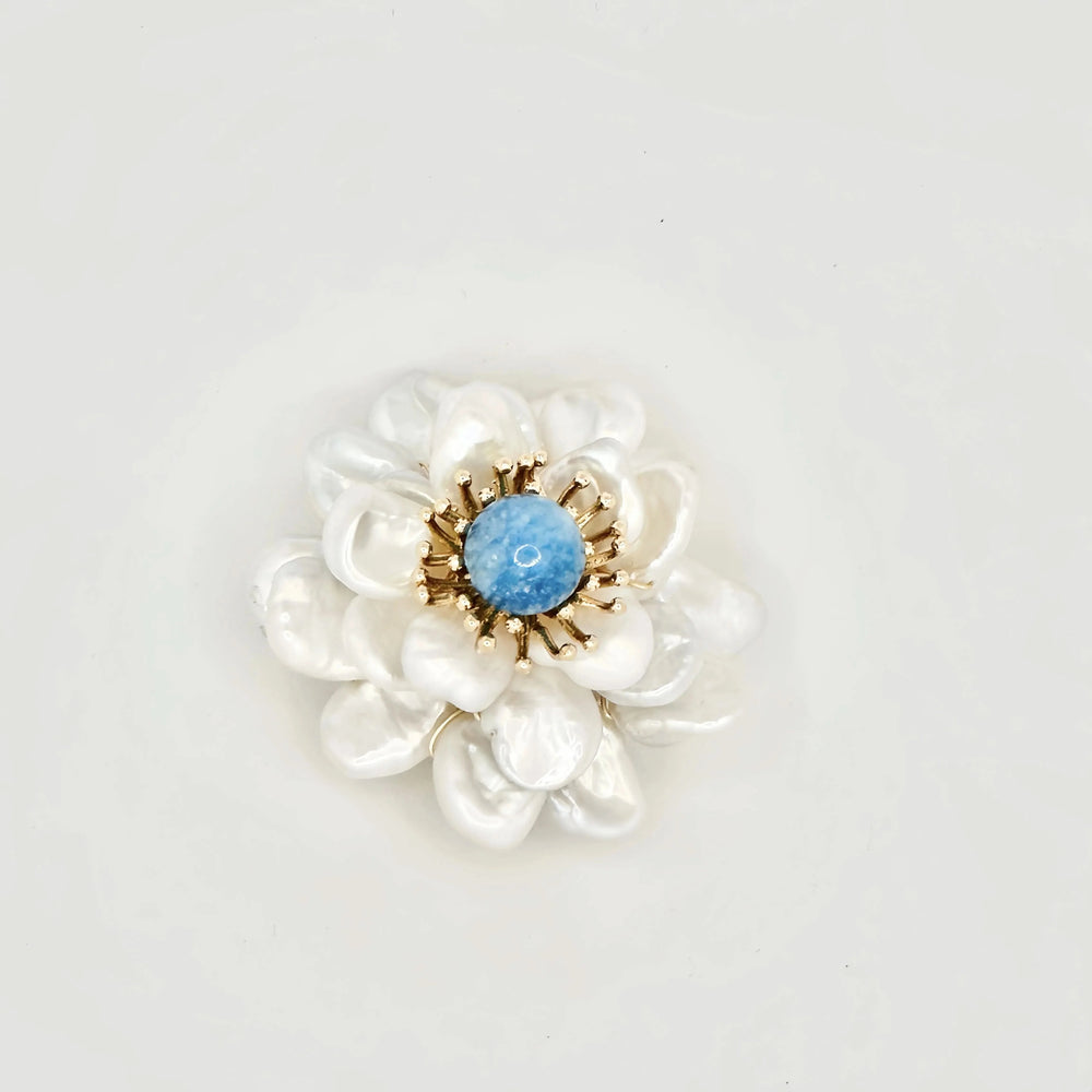 Baroque Pearl Flower Brooch with Blue Stone