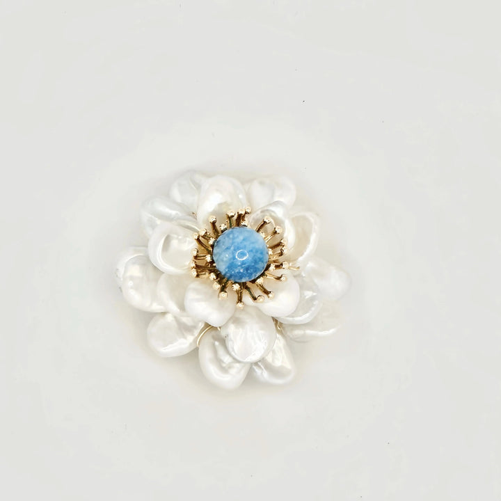 Baroque Pearl Flower Brooch with Blue Stone