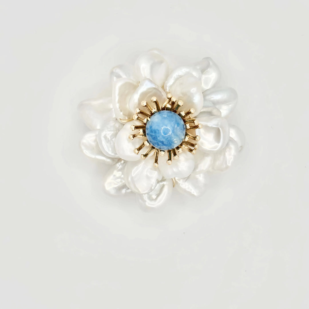 Baroque Pearl Flower Brooch with Blue Stone