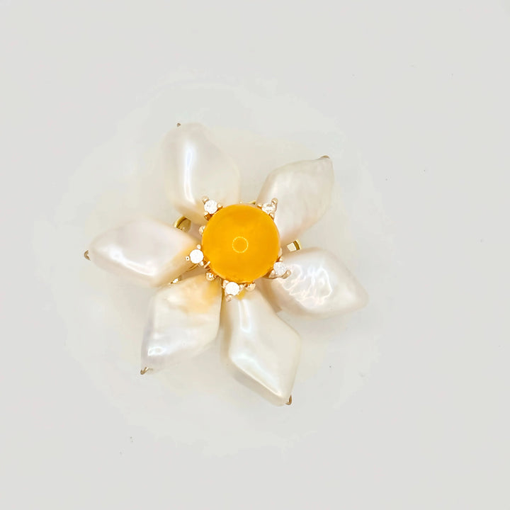 Baroque Pearl Flower Brooch with Yellow Stone