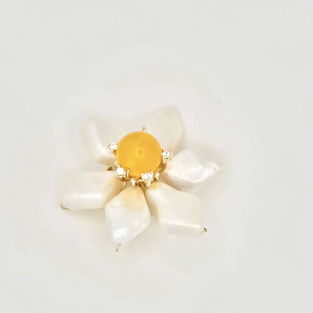 Baroque Pearl Flower Brooch with Yellow Stone
