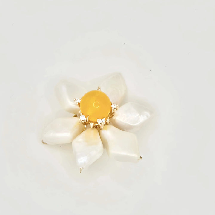 Baroque Pearl Flower Brooch with Yellow Stone