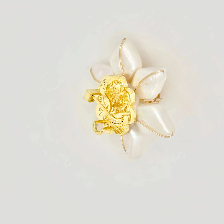 Baroque Pearl Flower Brooch with Yellow Stone