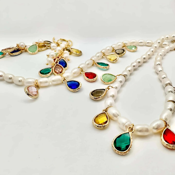 Beaded Pearl Rainbow Charms Necklace- Earrings- Bracelet Set
