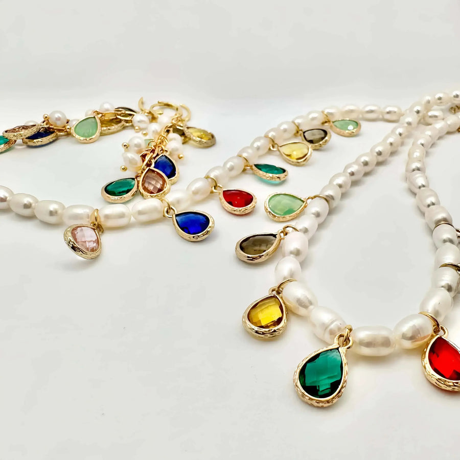 Beaded Pearl Rainbow Charms Necklace- Earrings- Bracelet Set