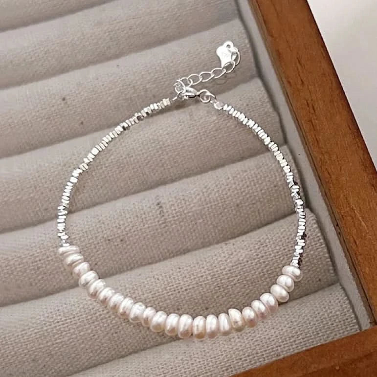 Beaded Freshwater Pearl Irregular Silver Bracelet