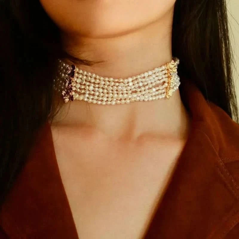 Beaded Multi-Strand Shell Pearl Choker Necklace