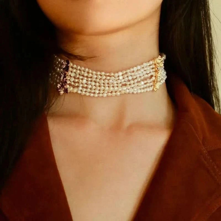 Beaded Multi-Strand Shell Pearl Choker Necklace
