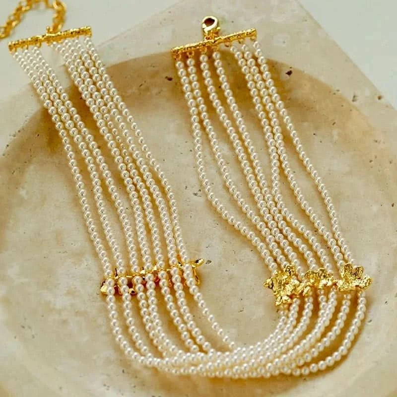 Beaded Multi-Strand Shell Pearl Choker Necklace