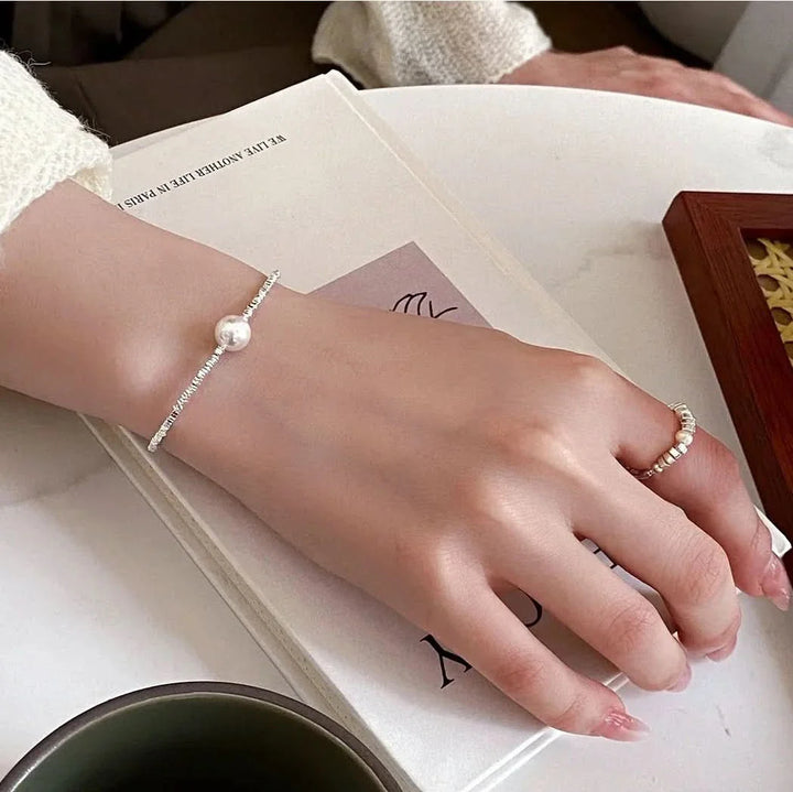 Beaded Silver Bracelet with a Freshwater Pearl