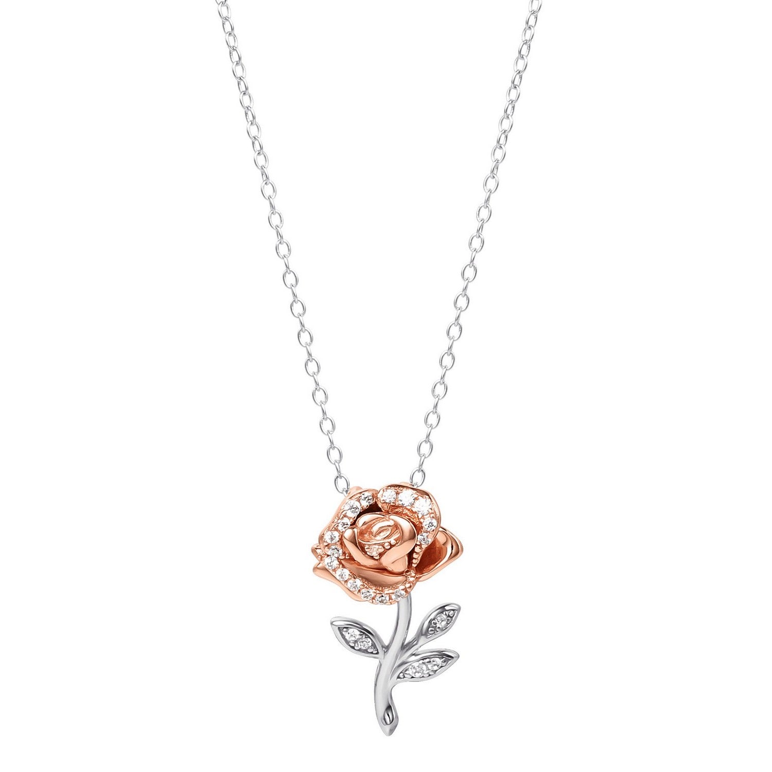 Disney Princess Sterling Silver Beauty & Beast Stone Set Rose Necklace C902725TZWL-P PH