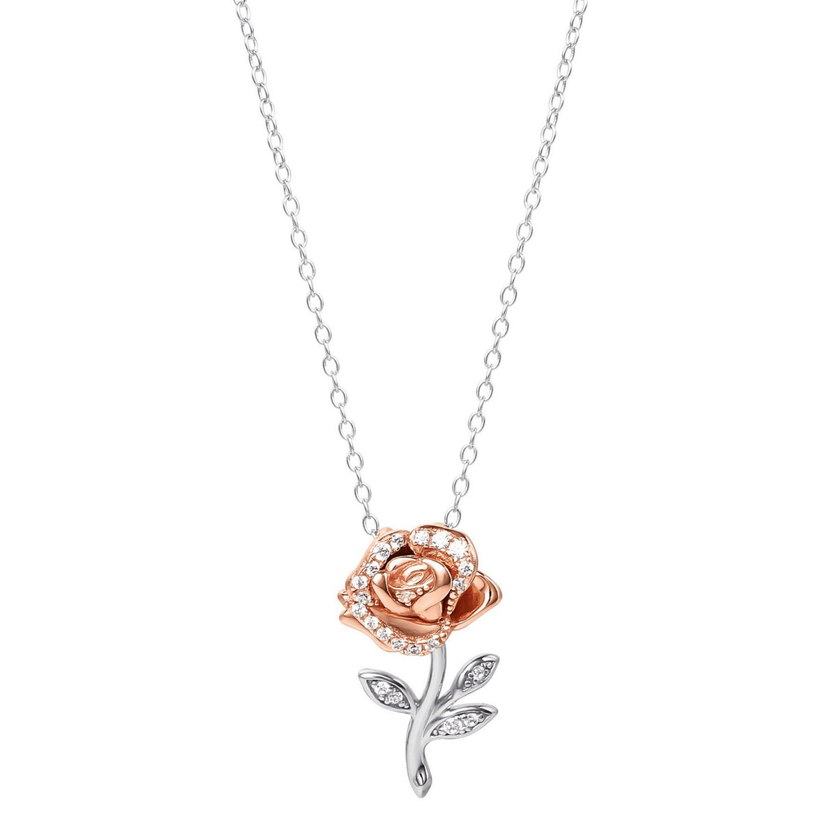 Disney Princess Sterling Silver Beauty & Beast Stone Set Rose Necklace C902725TZWL-P PH
