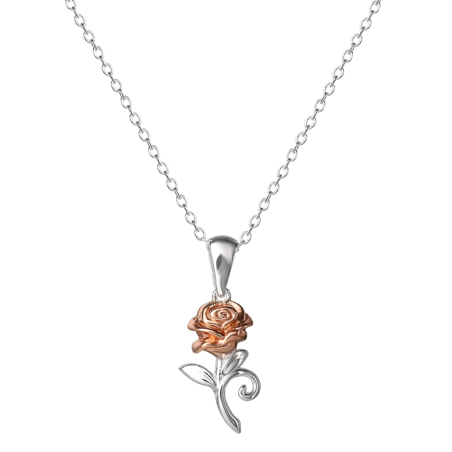 Disney Princess Sterling Silver 925 Tt Plt Beauty And The Beast Rose W/18" Chain Pendant C902727TL-P.PH