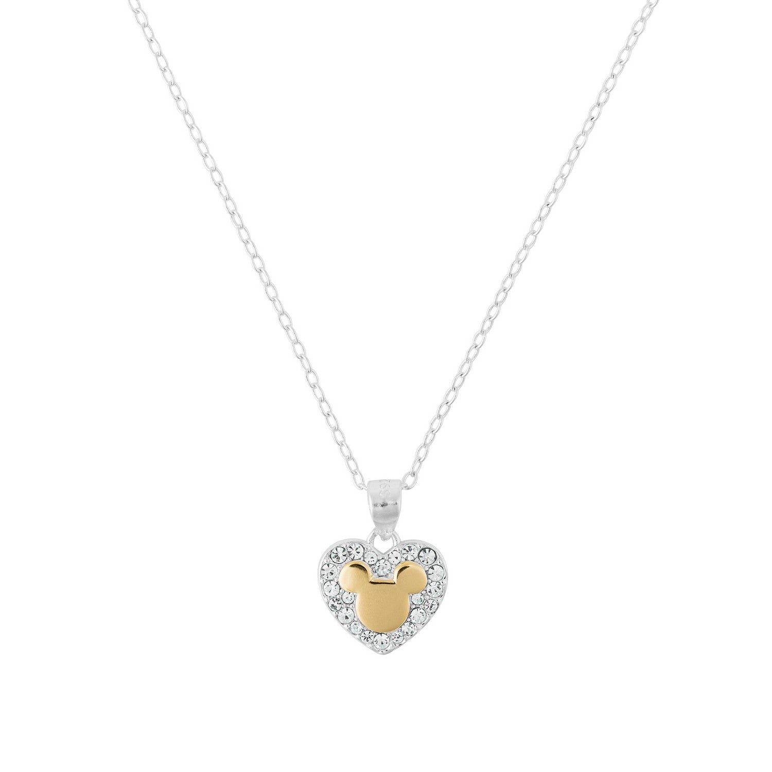 Heart-shaped pendant with gold center and silver border on a white background