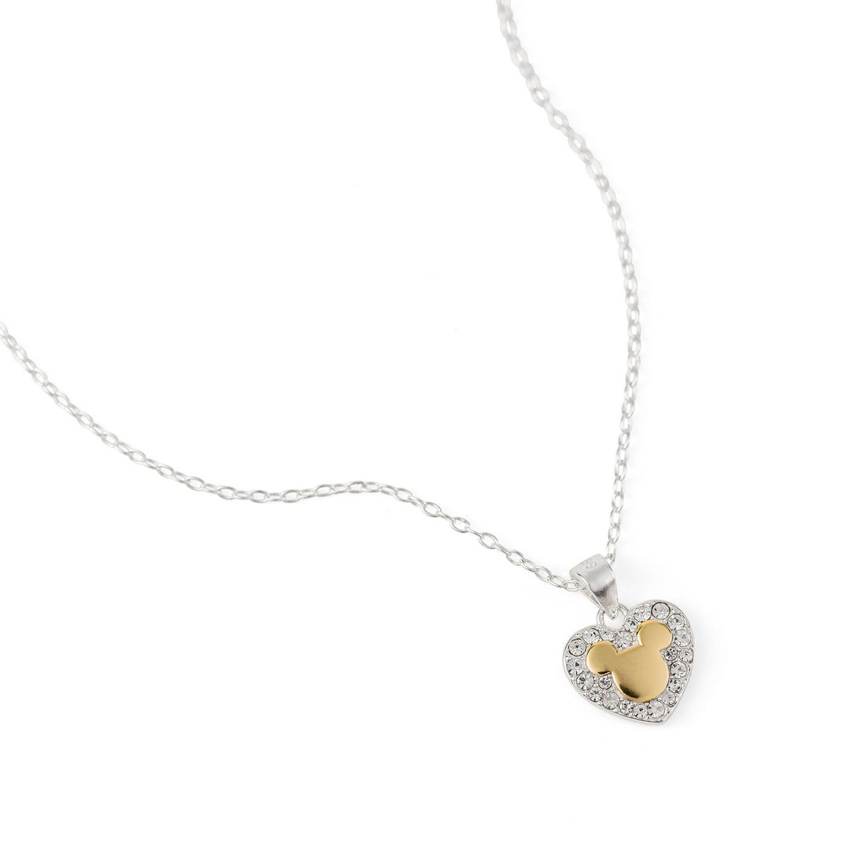 Necklace with a heart-shaped pendant featuring a gold mouse head design on a white background