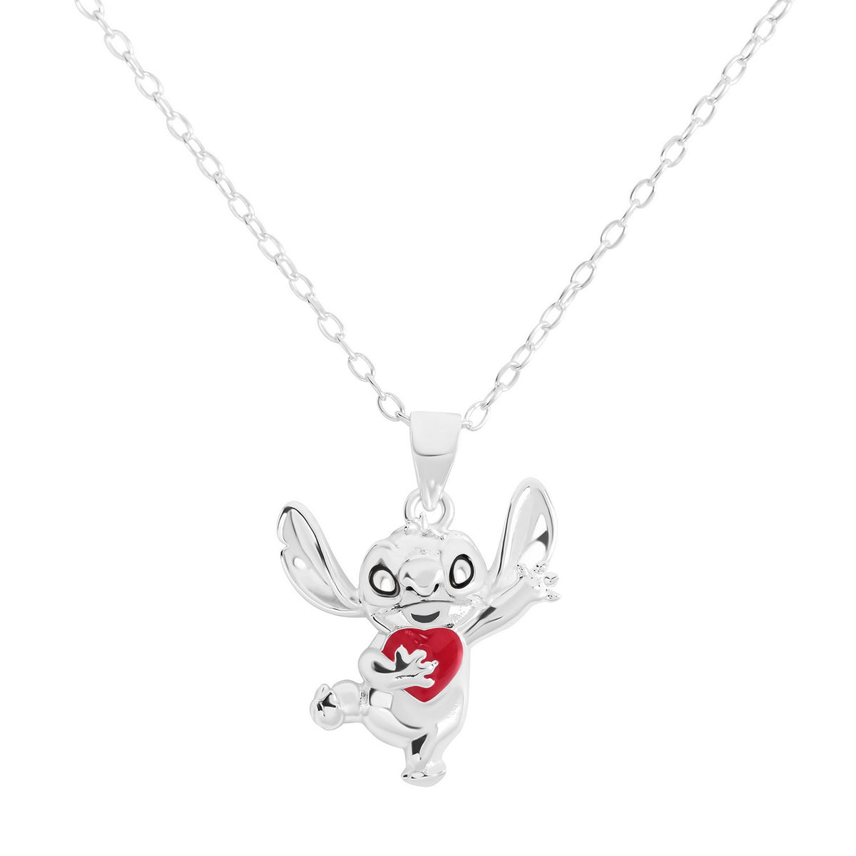 Silver pendant of a cartoon character holding a red heart on a white background