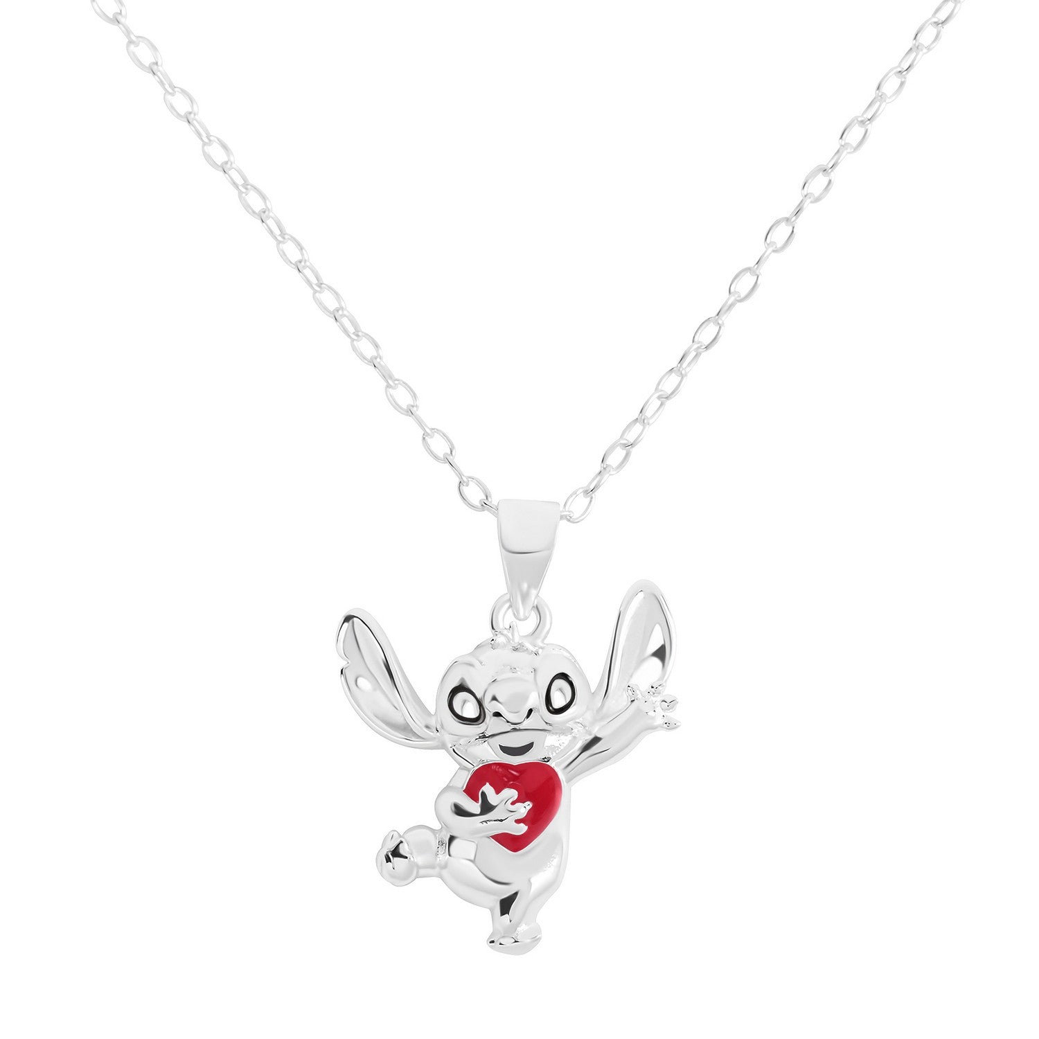 Silver pendant of a cartoon character holding a red heart on a white background