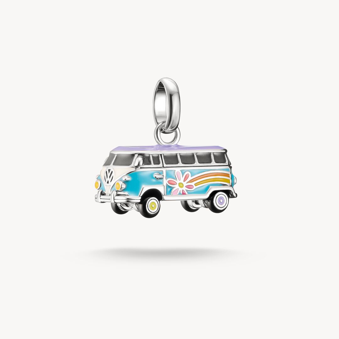 VW van charm with a flower design on a white background
