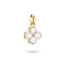 A gold four-petal flower charm pendant with clear heart-shaped gemstones, shown against a plain white background with a soft shadow underneath.