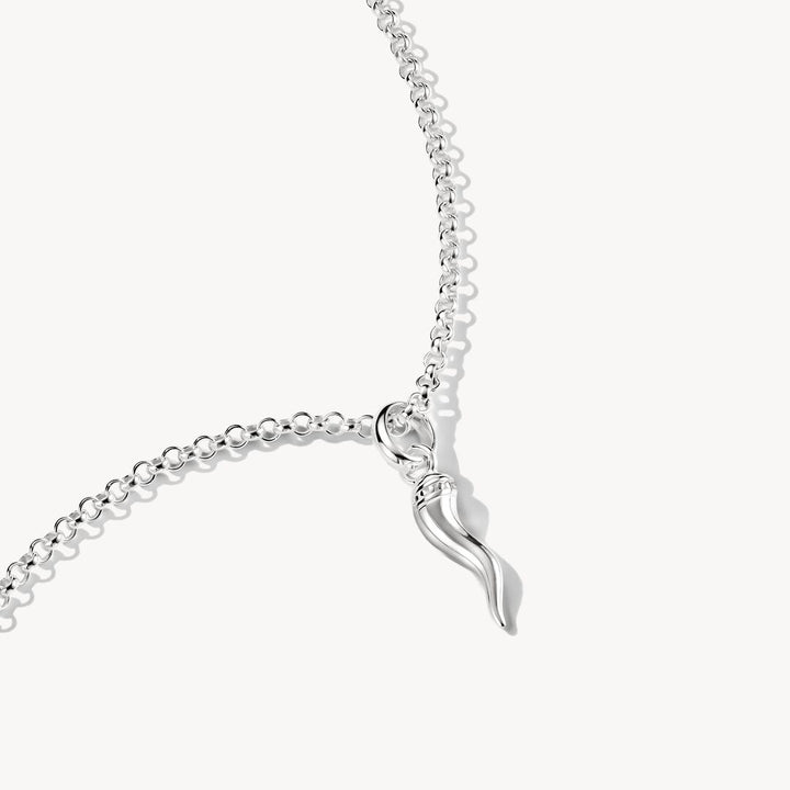 Silver necklace with a unique pendant on a white background