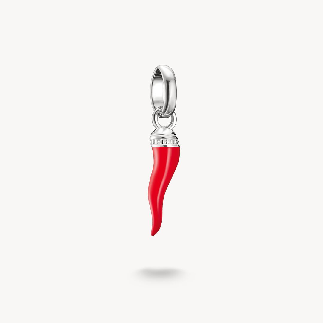 Red horn-shaped pendant with silver top on a white background